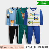 3-Pack Cotton Unisex Co-ord Pajama Sets – Dinosaur, Camera & Car Racing Prints .