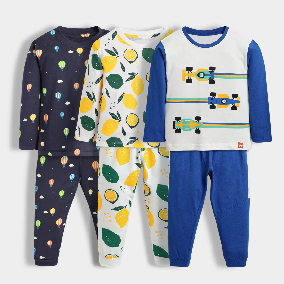 Fun Unisex Print Nightwear Set – Pack of 3 (Hot Air Balloons, Lemon, Racing Cars)