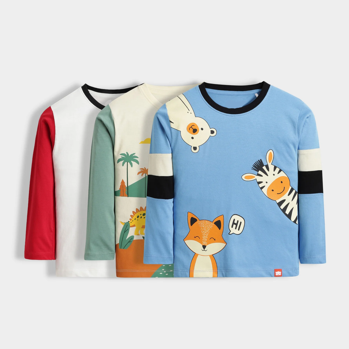 Kids  Animal & Dino Print Long Sleeve T-Shirt Combo (Pack of 3) – Soft Cotton Kidswear