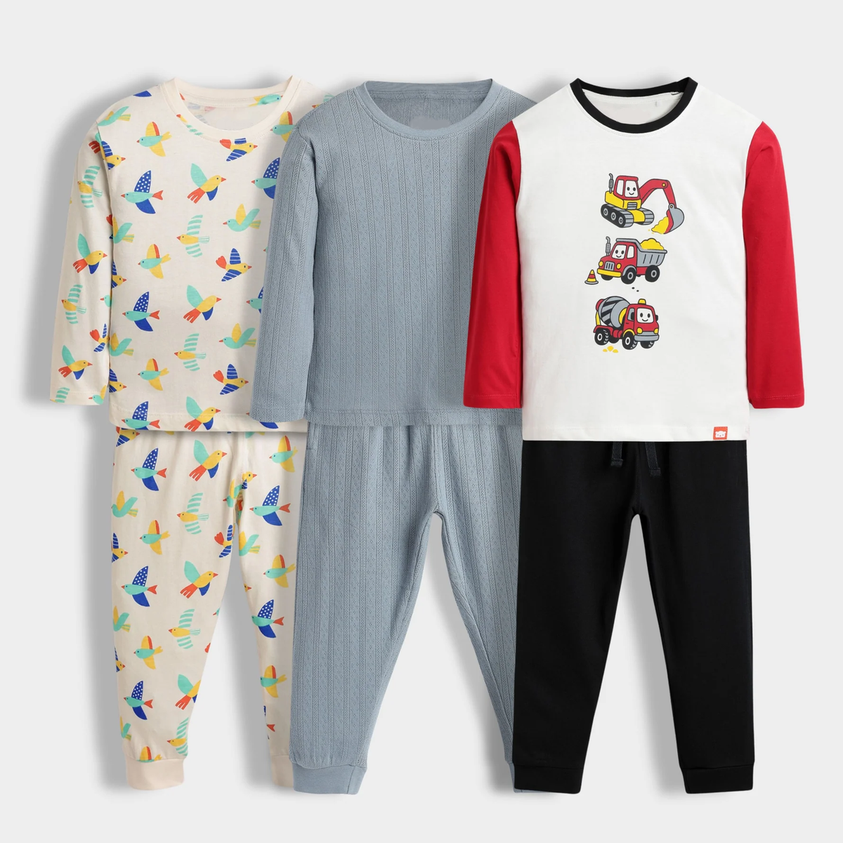 Unisex Cotton Pajama Sets Pack Of 3  – Birds, Solid Blue & Construction Truck Prints .