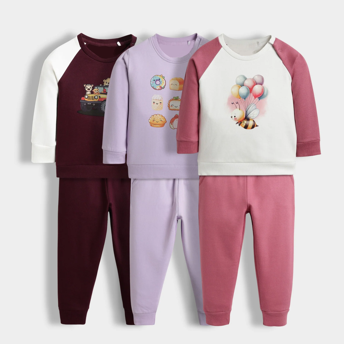 Unisex Kids Pajama Set – Adventure, Food & Balloon Bee Theme (Pack of 3)