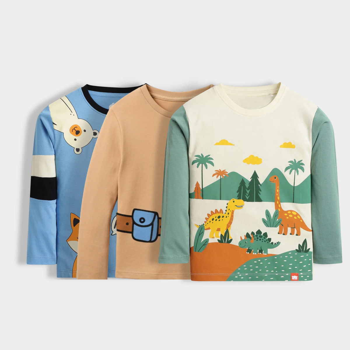 Kids Cartoon & Dino Print Full Sleeve T-Shirt Combo (Pack of 3) – Premium Cotton