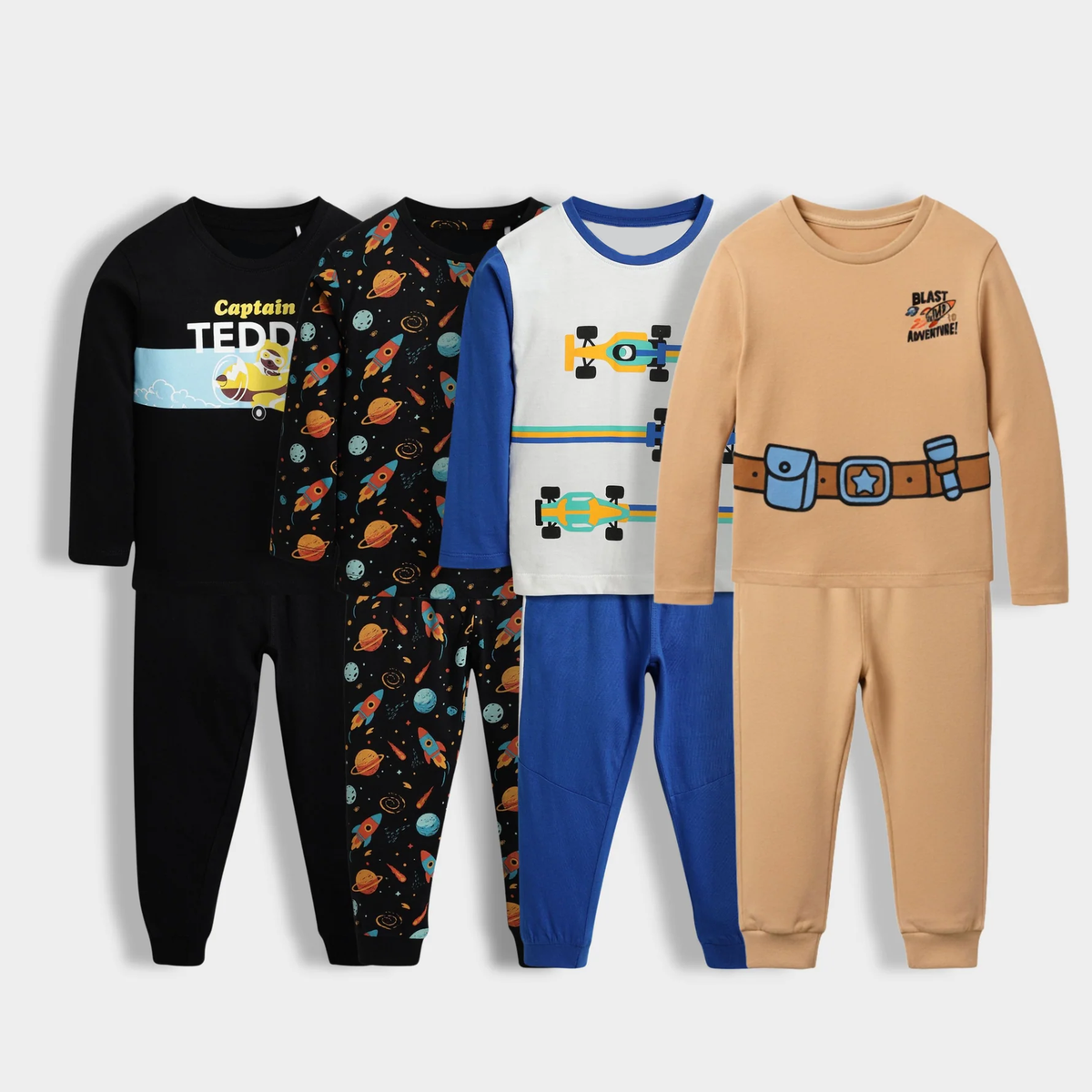 Kids Suit Combo – Pack of 4 Cotton Pajama Sets (captain teddy , car & racing , Astronaut & adventure Prints)