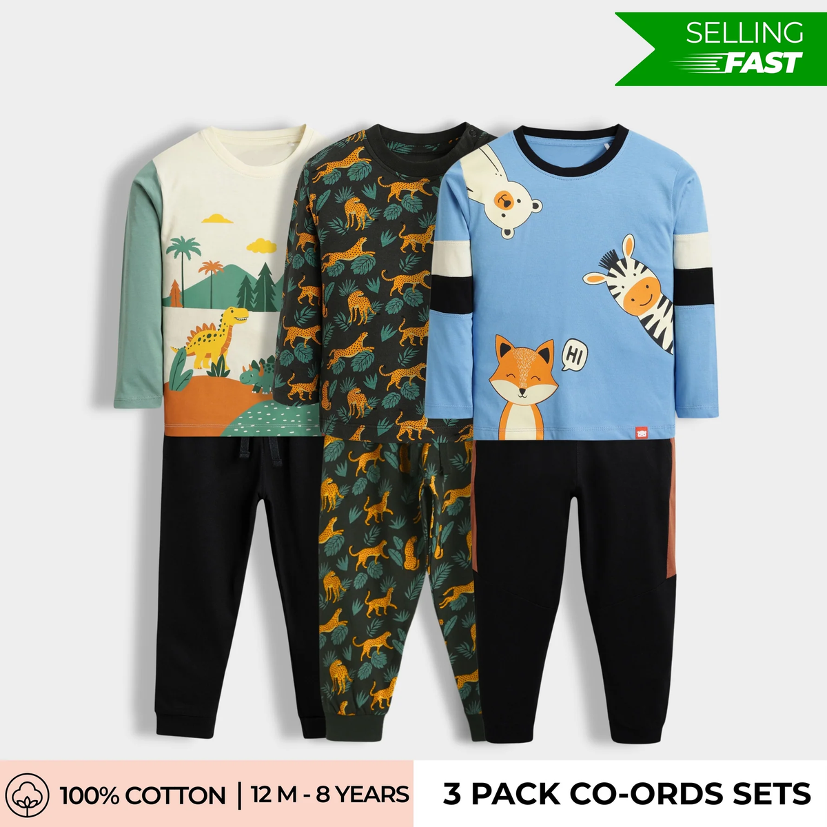 Cotton Unisex  Co-ord Pajama Sets – Dinosaur, Tiger & Jungle Animal Prints ( pack of 3 )