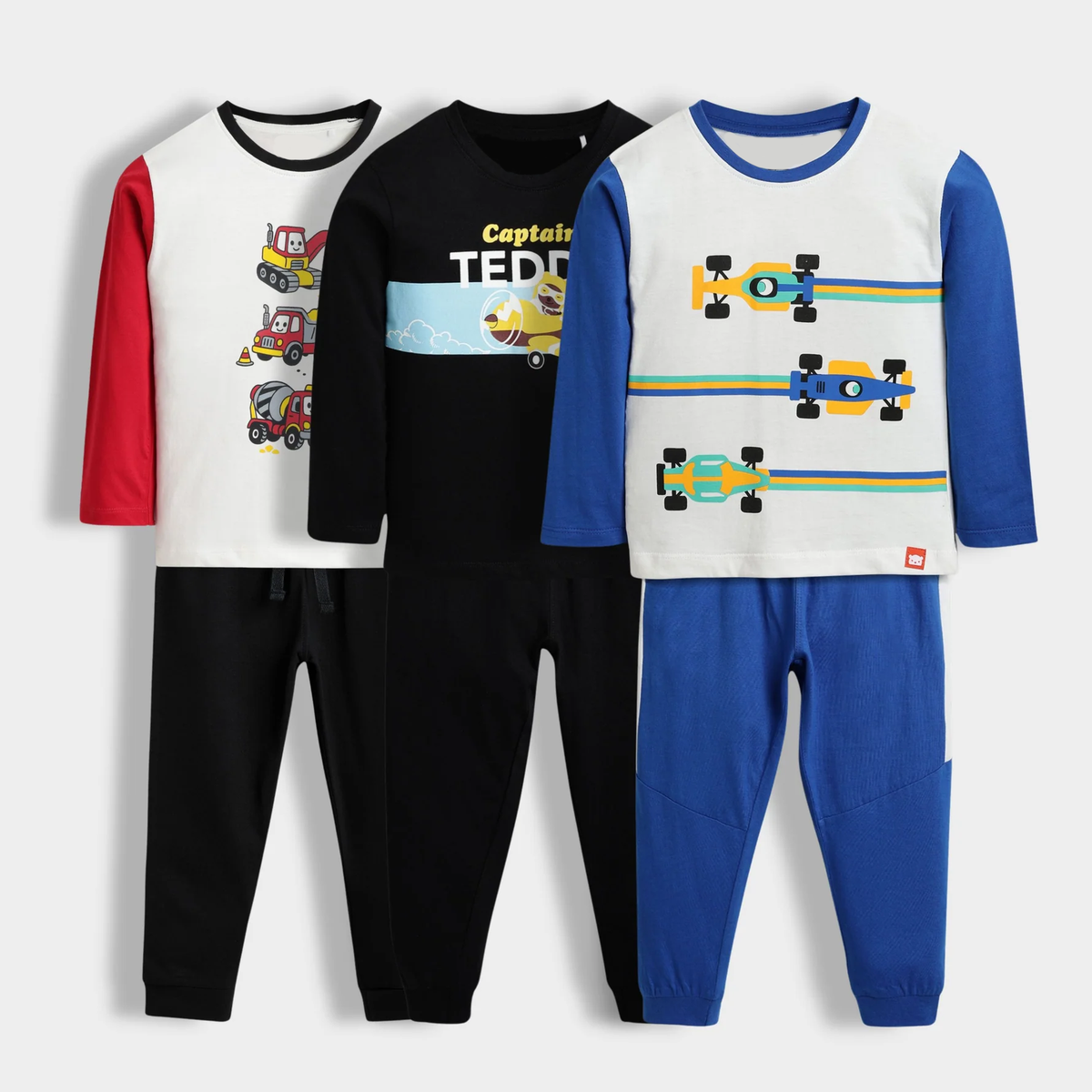 Unisex Cartoon Vehicle & Racing Car Nightwear Set – Pack of 3 Full Sleeve Pajamas