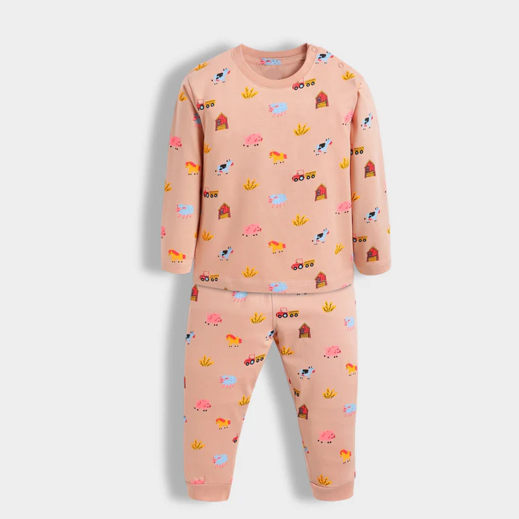 Kids Night Suit – Farm Animal & Tractor Print Pajama Set