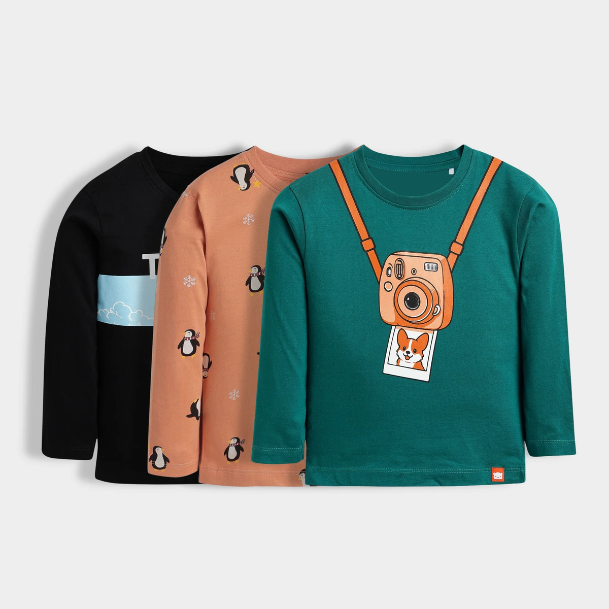 Kids Camera & Penguin Print Long Sleeve T-Shirt Combo (Pack of 3) – Cotton Casual Wear