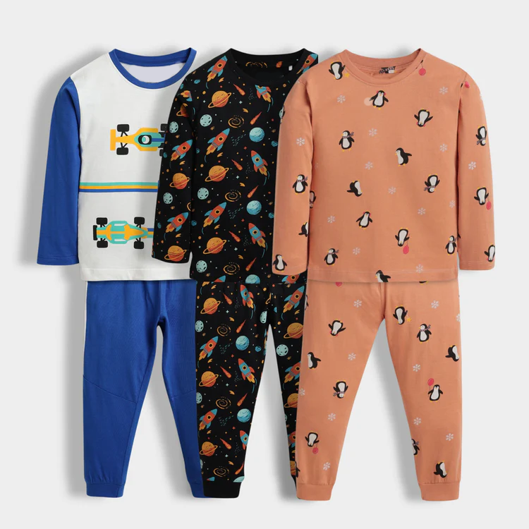 3-Pack Kids Cotton wear Set – Race Car, Space Rocket & Penguin Prints