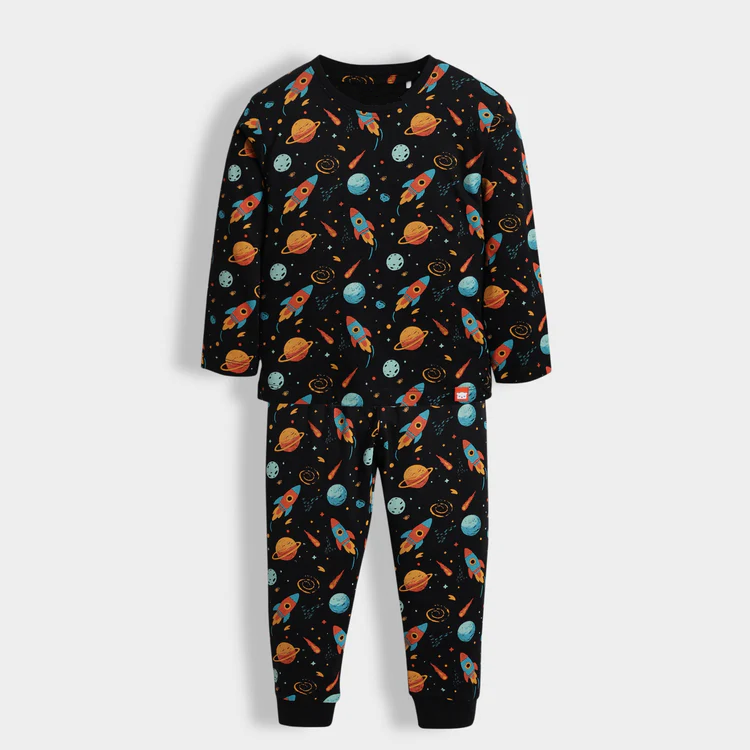 Kids Space Print suit Set – Rocket & Planet Design Full Sleeves Pajama Suit