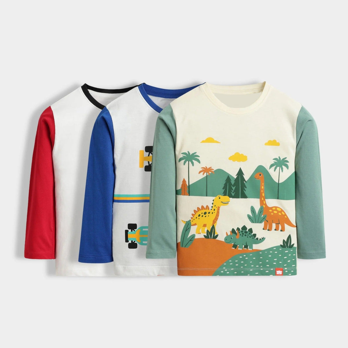 Kids Dino & Racing Print Long Sleeve T-Shirt Combo (Pack of 3) – Premium Cotton Casual Wear