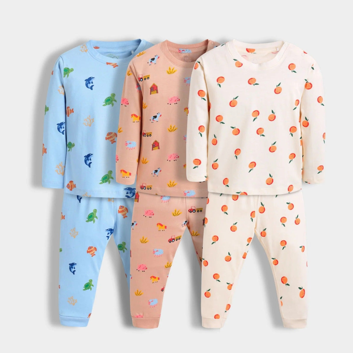 Kids Cotton Nightwear Set – Pack of 3 (Ocean, Farm, Fruit Prints) .